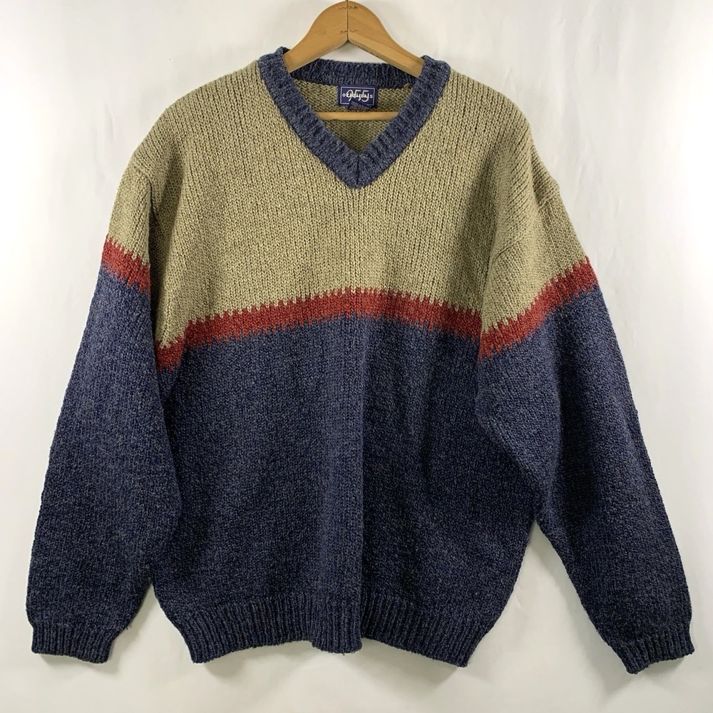 VTG‎ Mens Colorblock V Neck Sweater Size L Oversized Preppy Academia Layer 90s